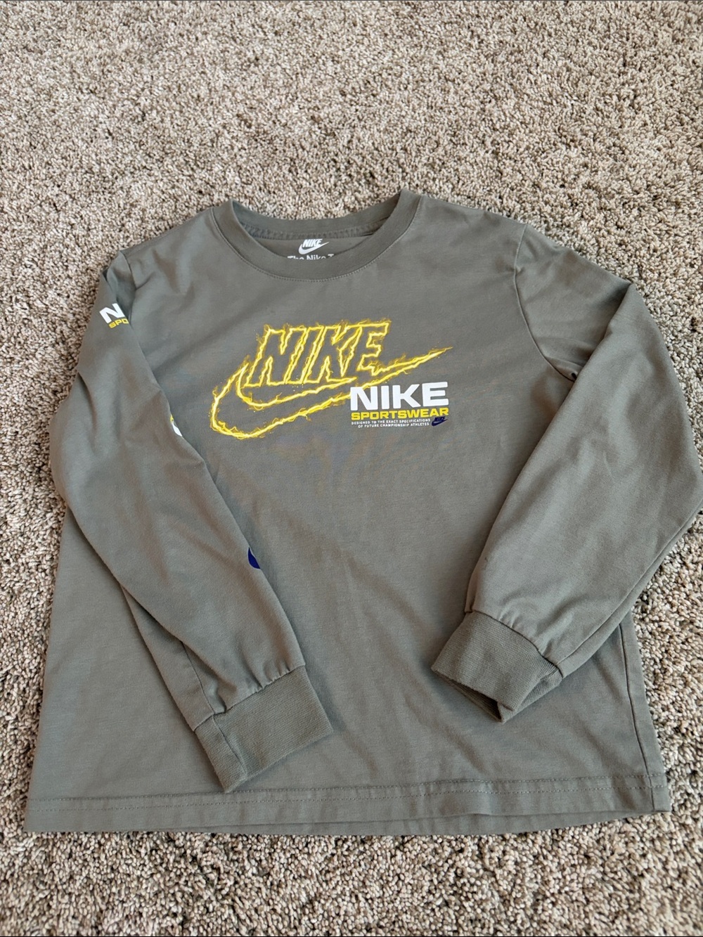 Nike Olive Green Long Sleeve Tee with Yellow Logo